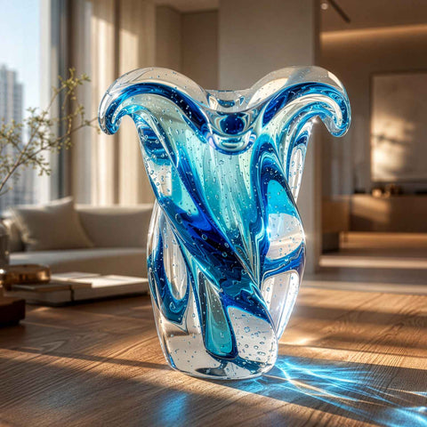 Vaso Murano Decorativo Argus Aquamarine em cristal soprado à mão decorando sala | TrendHaus