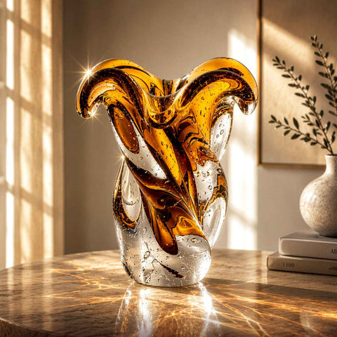 Vaso Murano Decorativo Argus Âmbar decorando sala de estar sofisticada | TrendHaus