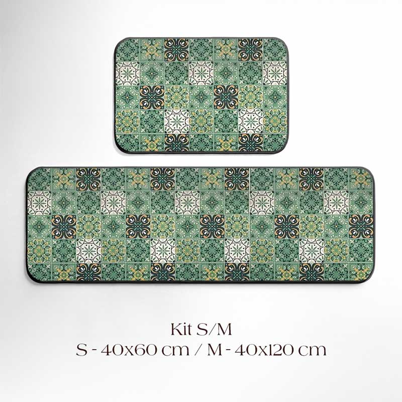 Kit de Tapetes para Cozinha Impermeável Ladrilhos Verde S/M | TrendHaus - Decoração para Casa